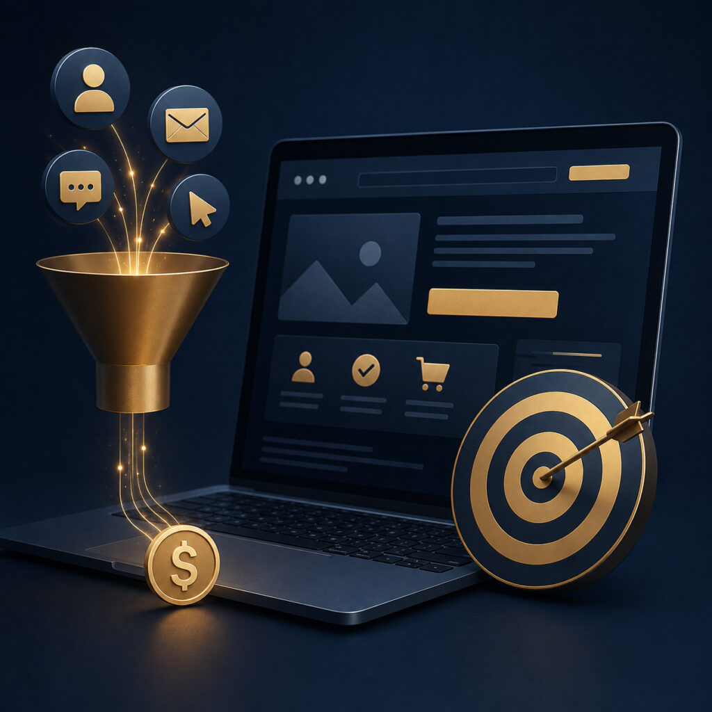 Website conversion strategy showing a laptop, conversion funnel, target, and customer engagement icons